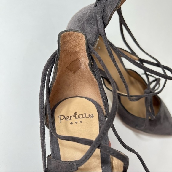 PERLATO Grey Suede Ankle Tie-up Sexy Pointed Toe Pumps Heels Shoes - Picture 9 of 12